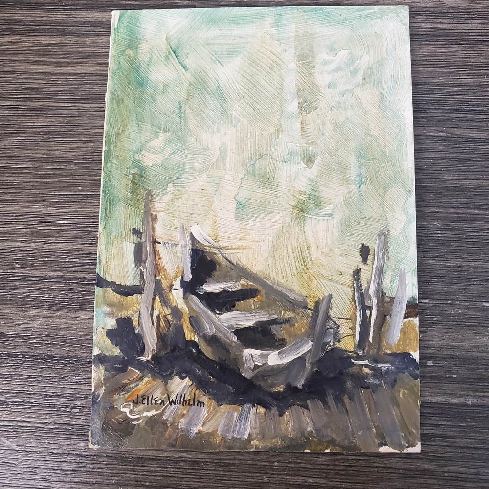 J. Ellen Wilhelm Wooden Boat Canoe Docked Oil Painting UNFRAMED 5x7‎ Inch Mini